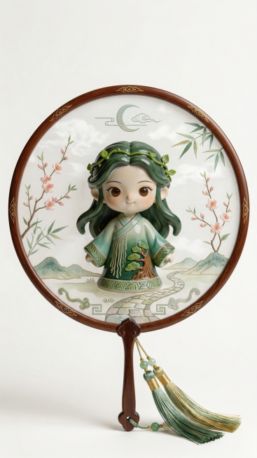 将这个陶瓷女孩盲盒形象放到圆形团扇设计中，保留女孩完整形象，风格清新国风，适合作为周边产品预览效果