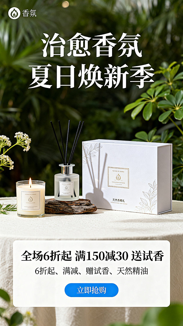 香氛促销海报，左上角放置品牌Logo，顶部居中位置有白色大标题文字“治愈香氛 夏日焕新季”，中间大幅展示无火香薰、香薰蜡烛和香薰礼盒，天然精油氛围背景，清爽夏日治愈风格，中下位置显示促销文案“全场6折起 满150减30 送试香”，突出“6折起、满减、赠试香、天然精油”卖点，底部居中放置蓝色“立即抢购”行动按钮，整体排版整洁清新