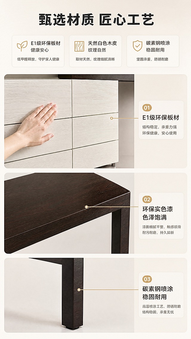 [商品] 使用【图1】DZ-8807可伸缩梳妆台收纳柜一体；保留奶白色六斗柜体+深棕色台面+右侧碳素钢支撑腿的结构、颜色、比例和材质；保留抽屉分割线、金属细脚、台面延伸结构；商品处理：增强木皮纹理质感、漆面光泽和碳素钢金属质感，保持产品原貌不变。
[画面] 目标：材质工艺证明页，展示E1级板材、天然白色木皮、实色漆、碳素钢喷涂四大材质。上中下三层构图，上层为产品局部特写（柜体木皮纹理微距，手部轻轻触摸），中层为台面漆面特写，下层为碳素钢腿特写。每层配对应说明文字和图标。背景为浅米色，干净高级。
[视觉] 套系策略：风格=现代极简轻奢家居商业摄影；标题字=现代无衬线粗体（思源黑体Heavy）；正文字=简洁无衬线体（思源黑体Regular）；主色=奶白+深棕；背景延展=基于奶白和深棕做深浅层级、同色渐变和细腻木纹/漆面质感；强调色=香槟金，仅用于小面积图标、引线和标签；标题色=深炭灰；正文色=中暖灰；组件=圆角浅底信息卡、细线引线、序号胶囊；光影=左前侧暖柔光，柔和自然阴影。
[文字] 顶部主标题「甄选材质 匠心工艺」（8字），下方分三栏横向排列材质说明：左栏「E1级环保板材 健康安心」，中栏「天然白色木皮 纹理自然」，右栏「碳素钢喷涂 稳固耐用」。每栏配小图标和简短说明。底部补充「环保实色漆 色泽饱满」标签。文字清晰可读，不遮挡产品关键部位。
[规格] 图片比例9:16竖版，4K分辨率，负向提示：避免变形、错字、文字过小、产品结构改变、颜色偏差、冷蓝/蓝灰背景、极限词、虚假宣传、平台Logo水印。