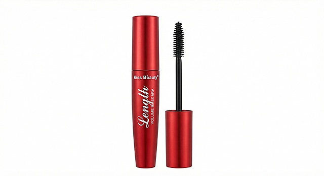 Based on the original mascara product, generate a main product image with a pure white background, only display the red Kiss Beauty Length Volume mascara product itself, all text in the image is converted to English, clean and clear for e-commerce search results display
