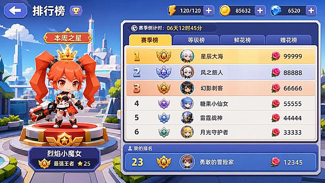 手游排行榜界面，16:9比例，轻科幻3D卡通低多边形绘本风格，饱满色彩。左上角有返回按钮和「排行榜」标题，右上角横向展示体力、金币、钻石三类资源标签带加号按钮。左侧展示区域：一个「本周之星」的游戏角色形象展示区（橙红色双马尾Q版角色站在领奖台上，头顶皇冠），下方有角色名称和段位信息。界面右侧为主榜单区域：顶部赛季倒计时面板；分页标签栏——赛季榜、等级榜、鲜花榜、赠花榜（当前选中赛季榜高亮）；排行榜列表纵向排列，每条展示名次数字、段位徽章、玩家头像、玩家昵称、鲜花数据，前三名底色做特殊金色银色铜色区分；列表下方【我的排名】栏，展示名次、段位、头像、昵称、鲜花数据。背景是卡通简约平面轻科幻室外场景，有未来感建筑和天空。整体UI布局清晰，列表规整，3D卡通低多边形建模，趣味绘本风，色彩饱满。