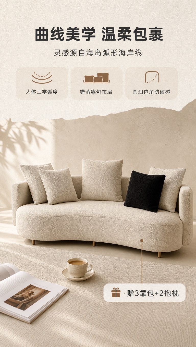 [商品] 使用【图1】奶油白色弧形休闲沙发；保留弧形造型、多靠… - 图片创意预览