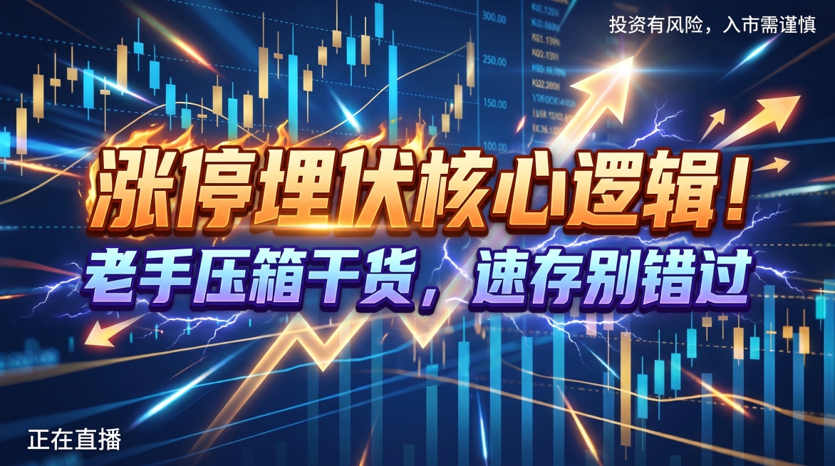 参考提供的金融公众号封面图风格，生成一张金融股票主题图片，比例16:9，背景包含K线等金融相关画面，右上角有白色文字"投资有风险，入市需谨慎"，左下角有小字"正在直播"，标题分两行显示：第一行"涨停埋预览效果