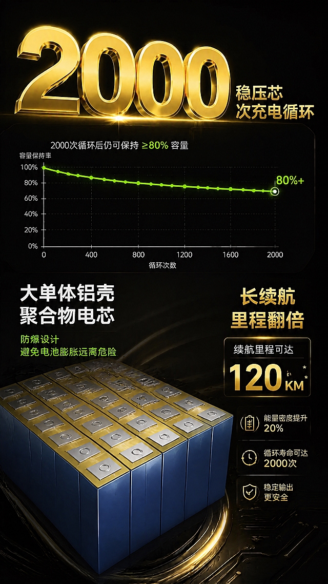 将画面下方的电芯组替换为工业级一体成型大单体铝壳电芯，去除所有外露电线、焊点和杂乱排线，美化成精密工业级做工：整齐排列的蓝色方形铝壳电芯，银色金属极耳激光焊接一体成型，顶部黄色耐高温绝缘板平整光滑无导线，整体质感高级精密，金属拉丝质感，边缘整齐划一。保留原图上方的2000金色大字、曲线图、右侧120KM续航数据框和所有文字排版、黑金背景风格不变。产品占比和位置与原图一致。