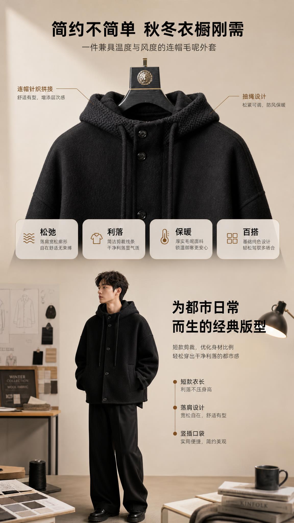 [商品] 使用【图1】男士黑色连帽短款毛呢大衣；商品处理：保留… - 图片创意预览