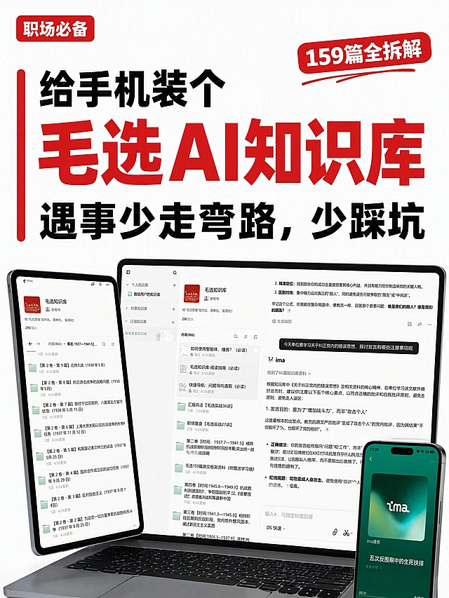小红书笔记大字封面，配图大字，杂志海报干货风，版式精美，小红书笔记封面质感，适合信息流点击。主标题必须完整呈现且为画面视觉中心，逐字锁定：「给手机装个毛选AI知识库」。主标题字号占画面约 35% 视觉权重，红色粗黑体大字，清晰可读，不得增删改字。副标题：「遇事少走弯路，少踩坑」，黑色粗体字，字号也很大，在主标题下方。装饰角标：「159篇全拆解」。背景：纯白色干净背景。标题排版：主标题第一行「给手机装个」黑色稍小，第二行「毛选AI知识库」红色最大，第三行「遇事少走弯路，少踩坑」黑色粗体，左侧有一条醒目的红色竖线装饰。配图：画面下半部分从左到右错落排列三台设备：左侧平板显示知识库目录、中间笔记本显示AI问答界面、右侧手机显示播客界面，三台设备前后错落有层次感，形成多端同步的视觉感受。装饰：左上角一个红色圆角标签写着「职场必备」；右下角一个红色箭头指向设备群。整体氛围：种草感、实用神器、一目了然、职场干货。画质：高清细腻，信息层级清晰，文字完整处于安全区内不可裁切，四周留安全边距。画面中所有屏幕内容区域填充完整合理的界面内容，不得出现空白框。画面比例 3:4，4K。图生图：严格使用用户上传图片，【图1】= 电脑端知识库界面，【图2】= 目录列表界面，【图3】= 播客界面，分别用于三台设备屏幕展示。