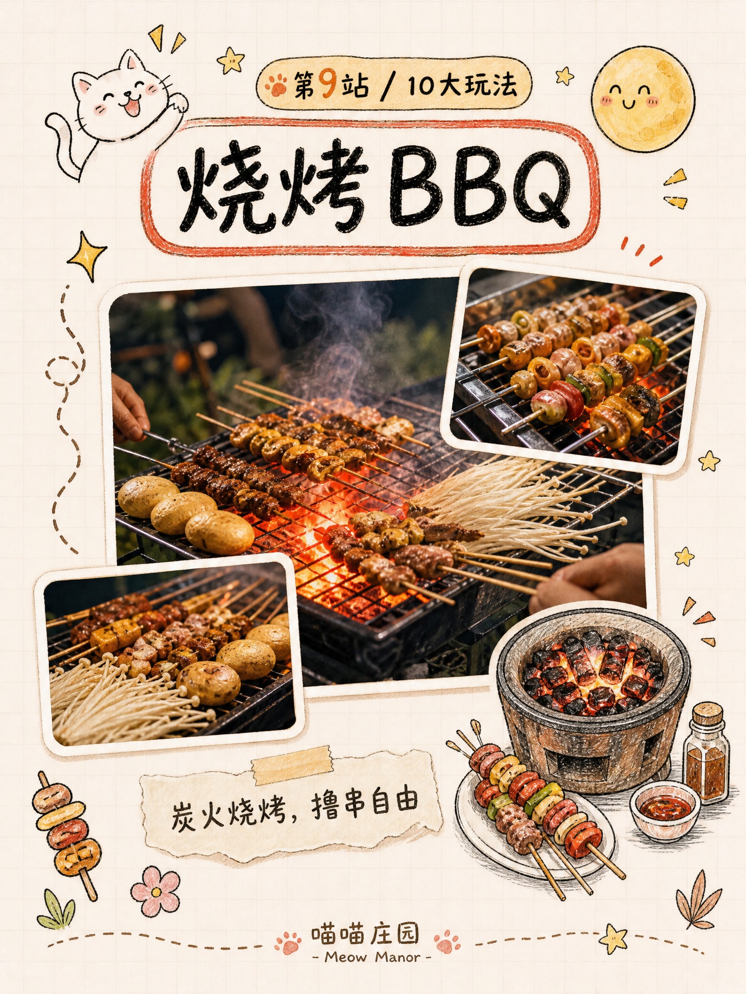 小红书内页图，手账手绘线稿+彩铅风格，米白色网格纸背景，延续喵… - 图片创意预览