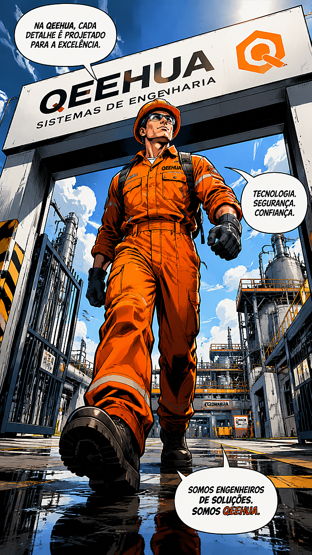 美式漫画风格，竖图9:16，低角度仰拍，穿橙色工装的QEEHUA工程师走进厂区，QEEHUA品牌Logo清晰可见，强化专业权威感，漫画对白使用葡萄牙语，气势充足
