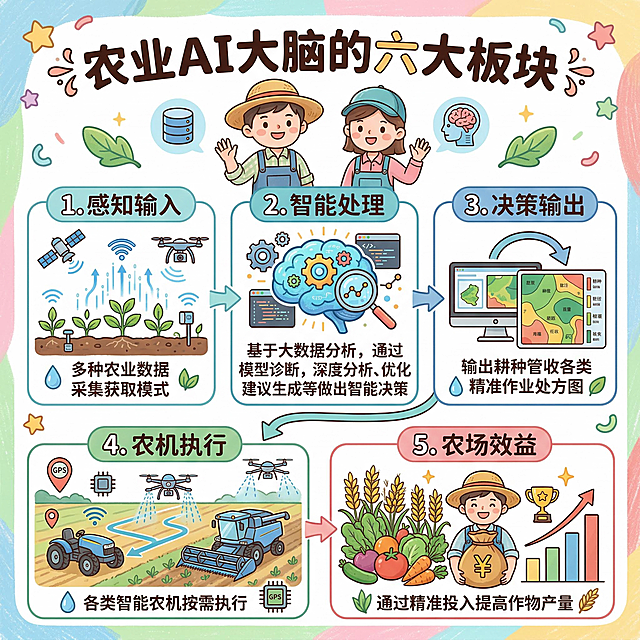 卡通科普信息图，融合Q版手绘插画与儿童科普绘本质感，线条圆润柔和，扁平化+手绘结合风格。分块式上下分层布局，圆角矩形框划分六大板块，箭头引导流程阅读。背景为柔和鲜艳色彩，点缀星星、叶子、曲线装饰。马卡龙柔和配色，浅蓝、浅绿、浅粉、浅黄为主，暖色调做基底，冷色调区分模块。包含Q版卡通农民、农机操作员，拖拉机、无人机、灌溉设备、卫星、GPS、芯片、数据云，幼苗、谷物、蔬果，水滴、钱袋、奖杯、柱状图等元素。标题为粗体艺术字带装饰，模块标题粗体带步骤编号，说明文字用简洁无衬线字体，重点信息加粗或用图标突出。画面展示农业AI大脑六大板块：1.感知输入（多种农业数据采集获取模式），2.智能处理（基于大数据分析，通过模型诊断，深度分析、优化建议生成等做出智能决策），3.决策输出（输出耕种管收各类精准作业处方图），4.农机执行（各类智能农机按需执行），5.农场效益（通过精准投入提高作物产量）