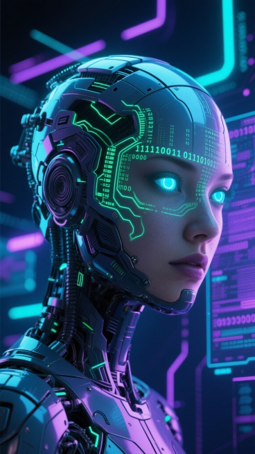 赛博朋克风格的人工智能主题概念海报，半侧面的机械义体女性头部特写，面部由流动的绿色二进制代码和数字矩阵构成，双眼散发着明亮的青蓝色光芒，金属材质的面部装甲带有精密的电路纹路，背景是充满未来感的霓虹光效与全息投影的数据流，整体色调以深蓝、紫色和青色为主，营造出科技感与神秘感交织的氛围，光影对比强烈，细节丰富，具有强烈的视觉冲击力和未来科技美学。预览效果