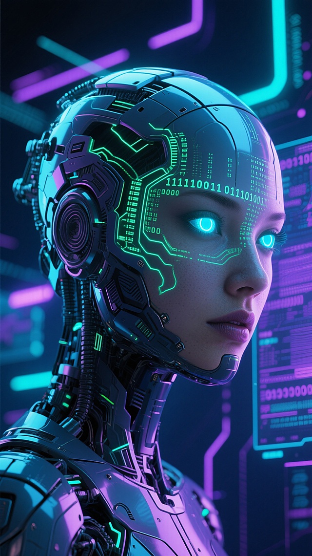 赛博朋克风格的人工智能主题概念海报，半侧面的机械义体女性头部特写，面部由流动的绿色二进制代码和数字矩阵构成，双眼散发着明亮的青蓝色光芒，金属材质的面部装甲带有精密的电路纹路，背景是充满未来感的霓虹光效与全息投影的数据流，整体色调以深蓝、紫色和青色为主，营造出科技感与神秘感交织的氛围，光影对比强烈，细节丰富，具有强烈的视觉冲击力和未来科技美学。