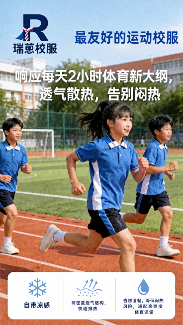 修改右上方文字"最友好的运动校服"，将颜色改为蓝色，字号调大两个号，保持位置不变，其他设计和内容保留不变预览效果