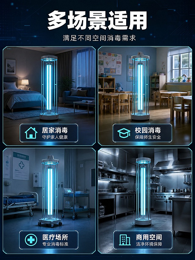 [商品] 使用【图1】紫外线消毒灯管；保留双针直管造型、白色陶瓷灯头、青蓝色发光玻璃管；灯管以安装在消毒设备内的状态呈现，保持外观一致。
[画面] 第5张 多场景适用 目标展示不同使用场景；功能成果拼图版式，4格2x2拼图；左上为家庭卧室/客厅消毒场景，灯管安装在消毒灯架上发光；右上为学校/幼儿园教室消毒场景；左下为医院/诊所空间消毒场景；右下为商用办公室/厨房消毒场景；每格场景中都有发光的紫外线灯管元素，场景真实自然；顶部有统一标题区。
[视觉] 套系策略：风格=深色科技工业风商业摄影；标题字=现代无衬线粗黑体；正文字=简洁无衬线体；主色=深灰蓝；背景延展=基于深灰蓝做渐变层级、科技网格线、微光粒子质感；强调色=青蓝色（与灯管发光色一致），仅用于小面积图标、引线、标签和发光光效；标题色=纯白色；正文色=浅灰蓝；组件=细线圆角信息卡、发光引线、科技感图标；光影=每格场景内灯管自发光为主要光源，场景环境光配合，整体冷暖平衡但保留科技冷调。
[文字] 顶部主标题「多场景适用」，副标题「满足不同空间消毒需求」；四格分别标注「居家消毒 守护家人健康」「校园消毒 保障师生安全」「医疗场所 专业消毒标准」「商用空间 洁净环境保障」；每格文字放在场景留白处，不遮挡主体，全部横排。
[规格] 图片比例3:4竖版，4K分辨率，避免变形、错字、文字过小、人物面部扭曲、灯管颜色改变、水印、平台Logo。