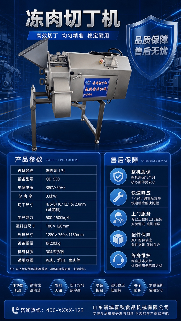 冻肉切丁机售后保障与参数页，9:16竖版。画面上方是不锈钢切丁… - 图片创意预览