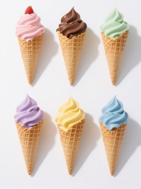 纯白背景上，六个不同口味的冰淇淋甜筒以规整网格状排布组成的系列素材集合，保持原图超写实摄影风格，高清晰度，柔和顶光照明，细腻的光影过渡，每个甜筒具有酥脆纹理的华夫蛋筒和蓬松顺滑的奶油质感，整体色彩变换为六个不同色系（如草莓粉、巧克力棕、薄荷绿、香芋紫、芒果黄、蓝莓蓝），元素类目均为冰淇淋甜筒，画面干净简洁，视觉层级清晰，信息传达高效。预览效果