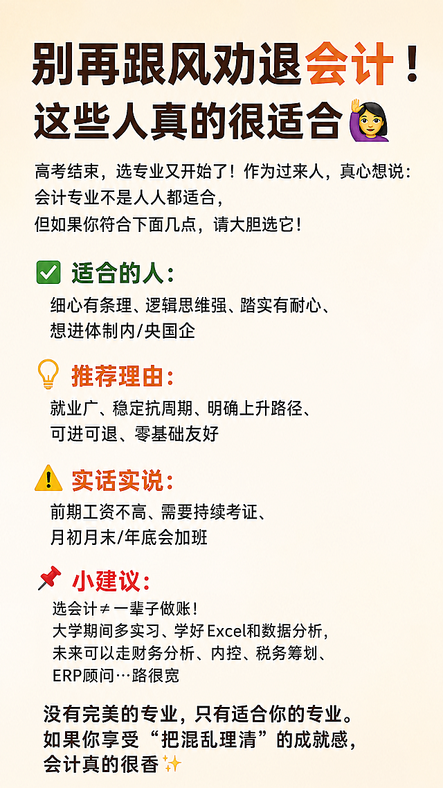 风格：清新简约小红书干货分享风，版式简洁
主标题："别再跟风劝退会计！这些人真的很适合🙋‍♀️"
完整文字保留原文全部内容，纯文字清晰排版，无多余图标装饰：
高考结束，选专业又开始了！作为过来人，真心想说：会计专业不是人人都适合，但如果你符合下面几点，请大胆选它！
✅适合的人：细心有条理、逻辑思维强、踏实有耐心、想进体制内/央国企
💡推荐理由：就业广、稳定抗周期、明确上升路径、可进可退、零基础友好
⚠️实话实说：前期工资不高、需要持续考证、月初月末/年底会加班
📌小建议：选会计≠一辈子做账！大学期间多实习、学好Excel和数据分析，未来可以走财务分析、内控、税务筹划、ERP顾问…路很宽
结尾：没有完美的专业，只有适合你的专业。如果你享受“把混乱理清”的成就感，会计真的很香✨
背景：浅米白渐变纯色背景，整体干净清爽，无多余装饰元素
构图：分块排版所有文字，主标题突出，正文层级清晰，全部文字完整呈现，无遮挡，字号适配保证可读性，留白舒适，版式简洁大方
比例：9:16