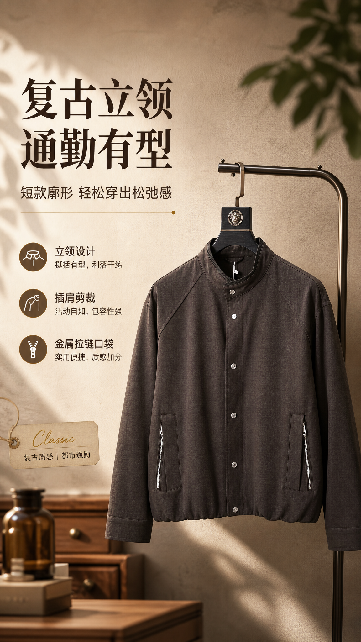 [商品] 使用【图1】深棕色复古立领短款夹克；商品处理：保留立… - 图片创意预览