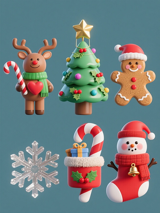 六个具有3D立体风格的圣诞元素集合，每个元素造型相同但材质完全不同，规整排布在纯色背景上。元素包括：顶部有金色星星、挂着彩色球和拐杖糖的圣诞树；戴着绿色围巾、抱着心形物品的棕色驯鹿；装满礼物、顶部有姜饼人、装饰有冬青叶和红浆果的红色圣诞袜；系着铃铛和冬青叶的红白条纹拐杖糖；六角形雪花；戴着红色帽子和围巾、脸颊通红的雪人。材质分别为：光滑塑料、哑光陶瓷、磨砂金属、透明玻璃、绒毛织物、木质纹理。每个元素色彩鲜艳，保持原图中的卡通可爱风格和细节特征，光影柔和，立体感强，整体构图平衡对称。
