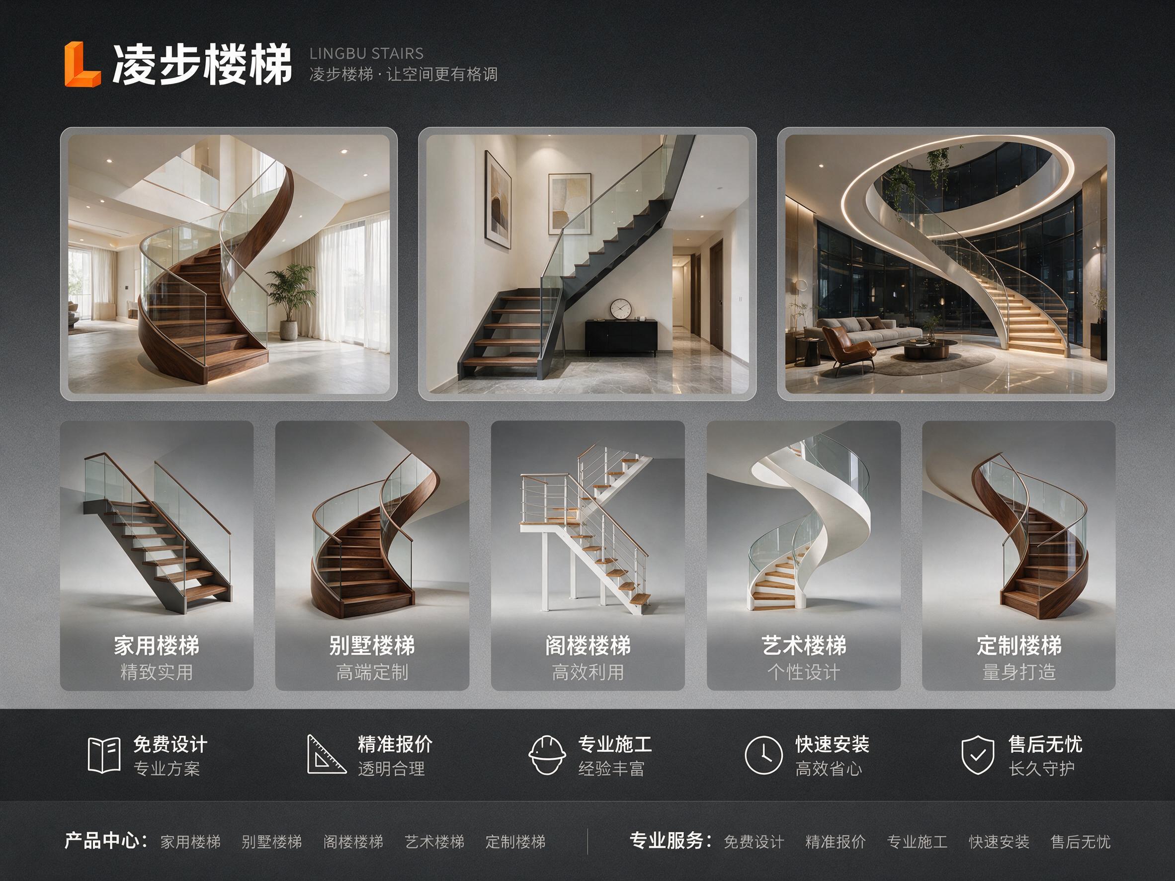大众点评轮播图，品牌为凌步楼梯，现代简约风格多款楼梯产品合集展… - 图片创意预览
