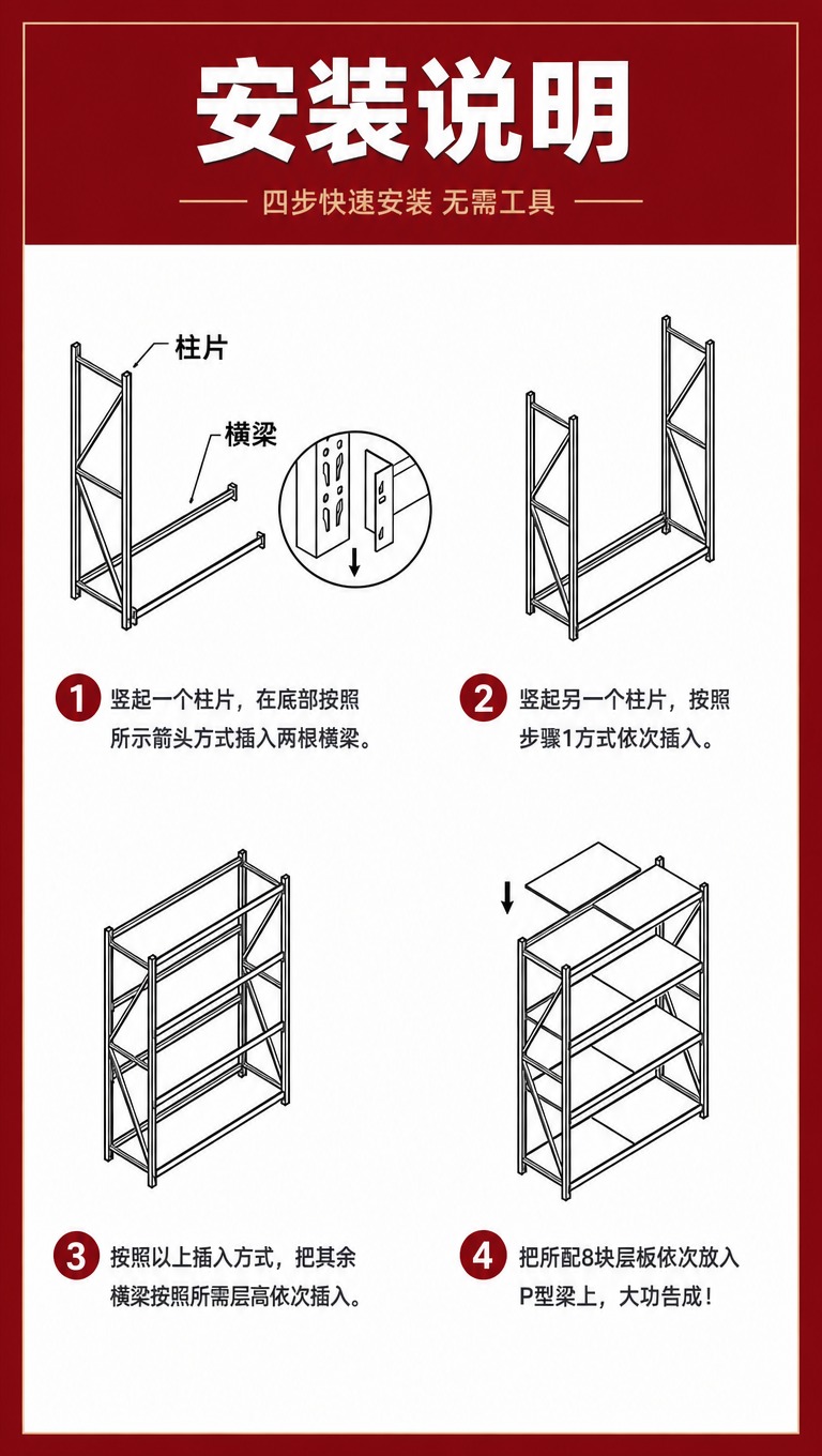 [商品] 使用【图1】货架安装说明图；保留货架柱片、横梁、层板… - 图片创意预览