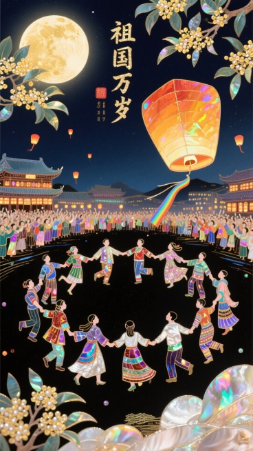 金风送爽，丹桂飘香，皎洁明月下，中华大地迎来了国庆与中秋的双节同庆。各族儿女手拉手跳起圆圈舞，夜空下，孔明灯上输写着"祖国万岁"，带着对国泰民安的祈愿缓缓升空，与万家灯火共同勾勒出一幅生机勃勃的盛世画预览效果