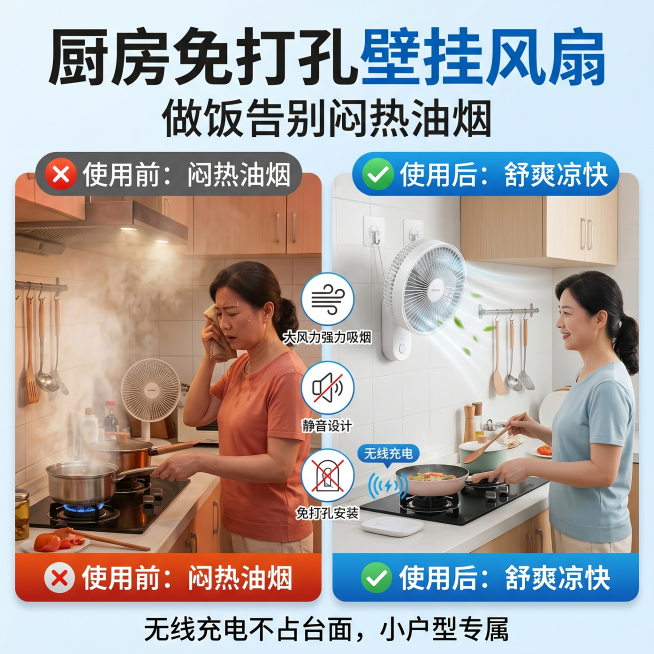 厨房免打孔壁挂风扇，做饭告别闷热油烟，无线充电不占台面，小户型专属，场景对比款，厨房壁挂实拍图，电商主图风格，1:1构图，大标题"厨房免打孔壁挂风扇"，副标题"做饭告别闷热油烟"，底部小字"无线充电不预览效果