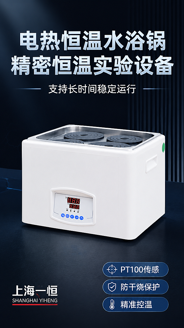 [第1屏] 详情页头图-上海一恒恒温水浴锅产品主视觉宣传。本屏使用【图1】作为商品主体。
[氛围/风格] 专业科技实验风，深蓝黑色背景，简洁大气，商业高清摄影质感，专业严谨。
[元素布局] 恒温水浴锅放置在画面中下部，占比约70%；顶部预留大标题区域，左下标注品牌，右下角放置核心卖点标签；保证产品外观、四孔布局、控制面板结构、颜色与输入图一致。
[光影质感] 正面主光源，侧面辅助轮廓光，底部自然投影，外壳金属和塑料质感清晰，明暗层次分明。
[配色色系] 全局底色 #111827，主色产品米白，辅助色深蓝色块，红色数字显示屏点缀，整体色调沉稳专业。
[视角构图] 正面45°斜侧视角，产品为视觉中心，阅读动线从上到下，依次为标题、产品、卖点。
[文字版式] 大标题压迫型版式，顶部大标题分两行：「电热恒温水浴锅」「精密恒温实验设备」，副标题「支持长时间稳定运行」；右下角三个卖点胶囊：「PT100传感」「防干烧保护」「精准控温」，所有文字清晰不遮挡产品主体。
[比例分辨率] 9:16竖版比例，宽度1080px，高度1920px，4K分辨率，文字清晰可辨，高清画质。
[负向提示词] 产品变形，缺件错件，颜色偏差，文字错乱，文字过小，水印，背景杂乱，结构错误