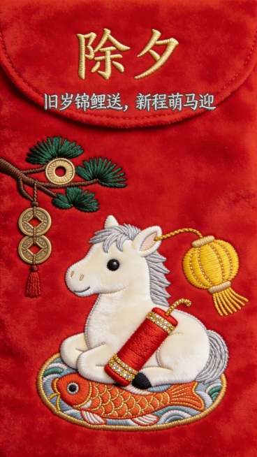 除夕·辞岁

核心画面：正红色短绒布红包。中央绣奶白小马卧于锦鲤纹刺绣坐垫，怀抱迷你爆竹卷轴。左侧绣松枝穿铜钱挂饰，右侧绣暖黄灯笼流苏轻触马耳。
刺绣细节：马身用象牙白缎面绣，毛流方向以浅灰绣线勾勒。预览效果