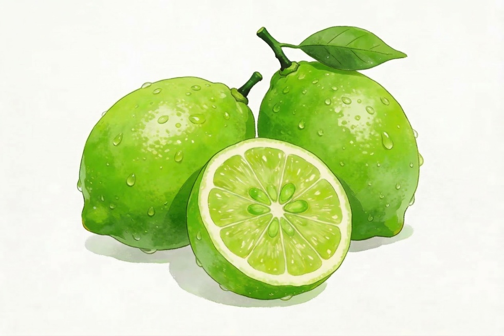 稍微增加青柠果皮和果肉的绿色色度，保留原水彩风格、水珠和构图，整体自然协调预览效果