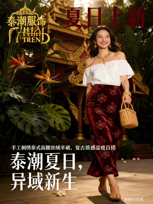 在这张女装海报图片上添加文字信息：左上角添加品牌名“泰潮服饰 THAI TREND”，顶部添加活动主题“夏日上新”，左下角添加卖点文案“手工刺绣泰式高腰丝绒半裙，复古质感显瘦百搭”，要求字体和海报异域预览效果