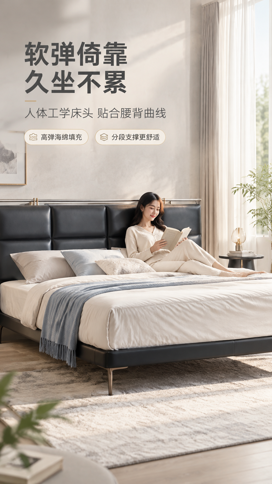 [商品] 使用【图1】高脚齐边真皮床，款式为半青半皮S系列天空… - 图片创意预览