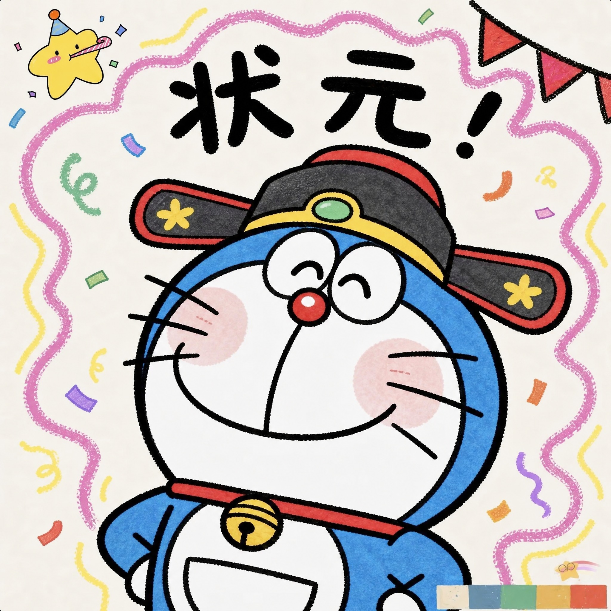 手绘蜡笔涂鸦风格，1:1正方形。哆啦A梦戴着状元帽，得意地叉着… - 图片创意预览