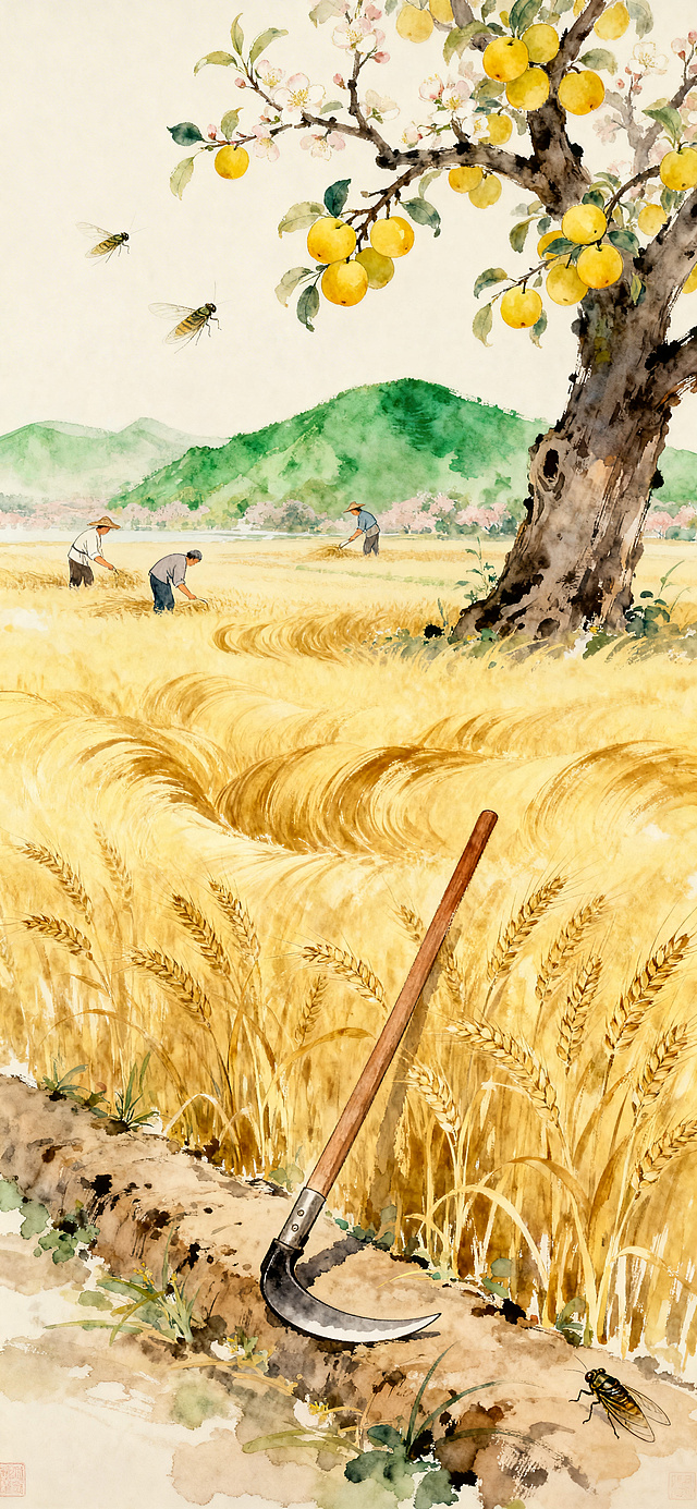 参考提供的两张新中式国风插画的清新柔和质感，创作新中式国潮芒种主题插画，麦浪翻金，镰刀斜倚田埂，梅子黄熟，蝉鸣初起，远山青翠欲滴，画面中一株老梅树结满黄果，用没骨法表现麦田的金色波浪，人物以简笔勾勒劳作场景