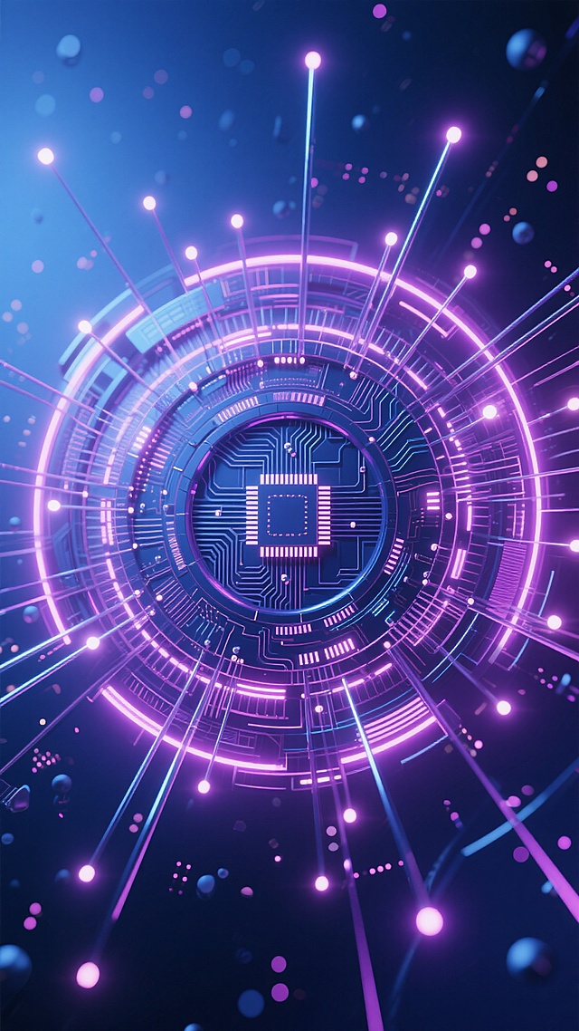 3D渲染风格的科技感背景，以深邃的深蓝色为基底，融合渐变的紫色与粉色光晕，营造出神秘而未来的氛围。画面中心是一个由多层同心圆构成的复杂几何结构，表面布满精密的电路纹理和发光节点，呈现出类似高科技芯片或宇宙星图的质感。从中心向外延伸出无数细长的发光线条，线条顶端有明亮的光点，仿佛数据流动或能量射线。整体光影效果突出，具有强烈的金属光泽和玻璃质感，高光与阴影对比鲜明，边缘处有柔和的光晕扩散。背景中点缀着大小不一的光斑和粒子，增强空间的深邃感和科技感。整体构图采用中心聚焦式，视觉层级清晰，主体结构突出，色彩和谐统一，充满未来主义和科幻感，能高效传达科技、创新、前沿的核心概念。