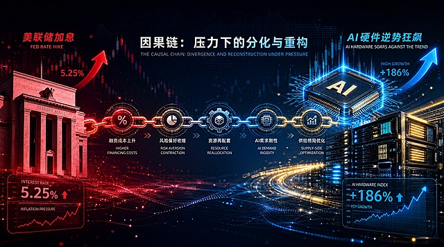 财经科技感封面图，主题为美联储加息与AI硬件逆势狂飙的因果链。画面左侧是美联储大楼的剪影与上升的利率箭头符号（红色调），象征加息压力；画面右侧是发光的AI芯片、服务器硬件堆叠（蓝金色调），呈现逆势向上的增长态势。中间由一条发光的因果链条连接，链条上有数据节点和齿轮，象征层层剥开的逻辑关系。背景是深邃的深蓝色渐变，带有金融K线图纹理和数据粒子，整体氛围既有金融的严肃感又有科技的未来感。风格高端、专业、视觉冲击力强，适合作为微信公众号财经科技类文章头图