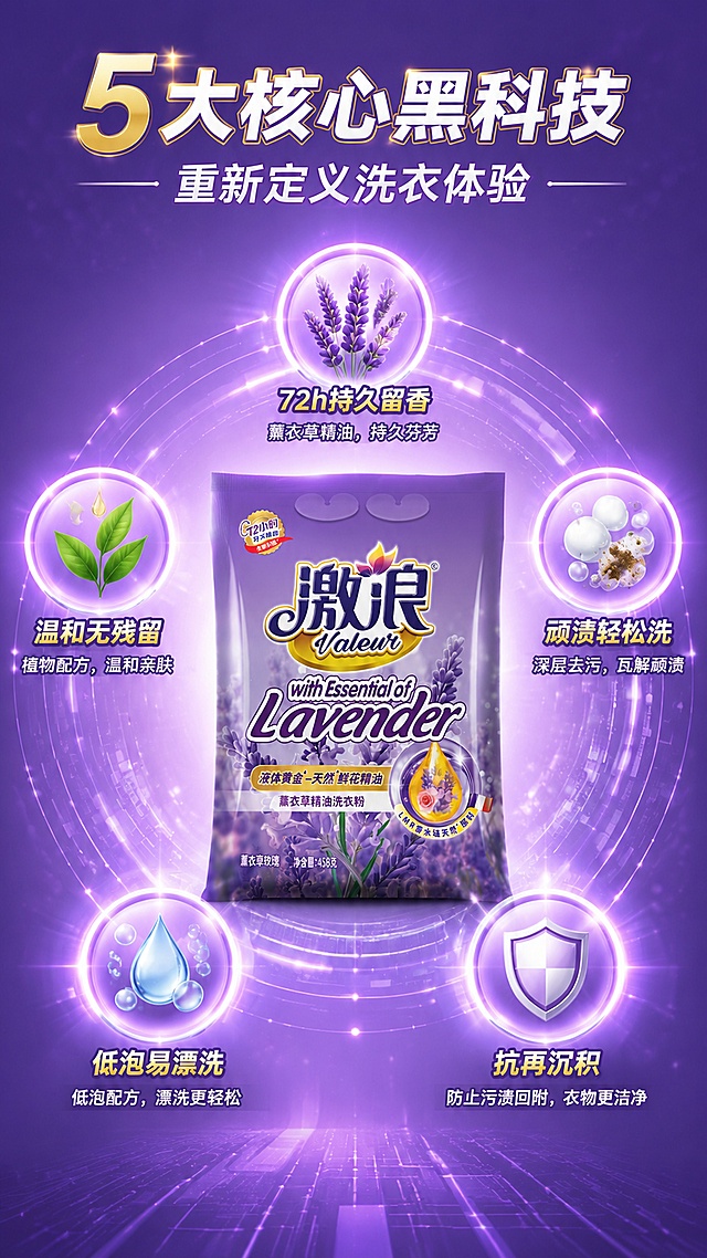 [第3屏] 核心卖点总览-激浪薰衣草精油洗衣粉5大功能展示。本屏使用【图1】作为中心产品主体。
[氛围/风格] 科技感功能解析风，紫色渐变背景，图标化信息呈现，简洁专业。
[元素布局] 产品袋位于画面中心偏上，占比约40%；周围环绕5个圆形功能图标，呈花瓣状分布：上方留香图标（薰衣草花）、右上去污图标（污渍气泡）、右下抗沉积图标（盾牌）、左下低泡图标（水滴）、左上温和配方图标（绿叶）；背景有淡紫色光晕和科技线条装饰。
[光影质感] 中心产品区域聚光效果，四周渐暗，图标自发光效果，整体通透有科技感。
[配色色系] 全局底色 #8B6CC9 深紫渐变；主色紫色；辅助色金色、白色、绿色图标点缀。
[视角构图] 中心放射构图，产品为核心，5个卖点围绕分布，阅读动线由中心向四周扩散。
[文字版式] 顶部主标题「5大核心黑科技」，副标题「重新定义洗衣体验」；每个图标下方配功能名称和1句短说明：「72h持久留香」「顽渍轻松洗」「抗再沉积」「低泡易漂洗」「温和无残留」；文字采用白色+金色描边，清晰醒目；产品包装文字保持原样。
[比例分辨率] 9:16 竖版比例，4K分辨率，文字清晰可辨。
[负向提示词] 产品变形，图标杂乱，文字过小看不清，颜色偏差，水印，包装文字错乱。