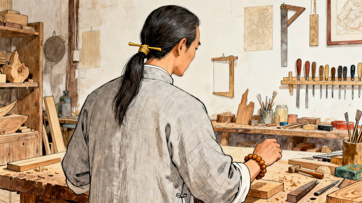 手绘插画，非遗木艺匠人后视图，身形清瘦挺拔，长发用金丝楠发簪挽于脑后，身着浅灰棉麻中式布衣，左手戴金丝楠手串，温润儒雅气质，工坊背景，16:9构图预览效果