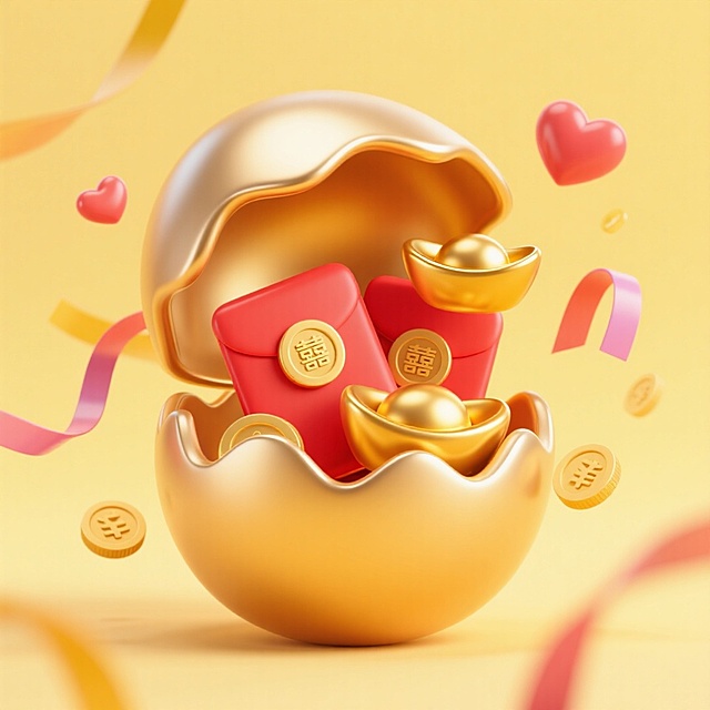 一个打开的大金蛋，里面有红包、金币、元宝，点缀彩带、爱心，黄色渐变背景