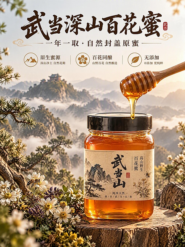 [商品] 使用参考蜂蜜罐产品图；保留方形玻璃罐、黑色旋盖、琥珀色通透蜜体、牛皮纸国风标签结构；自然增强玻璃通透质感与蜂蜜温润光泽，标签文字清晰，不改变罐体比例和颜色。
[画面] 目标：头图主视觉，突出武当深山百花蜜一年一取原蜜的高端定位。构图：上文下图，上方约40%留白做标题区，下方60%为产品场景；主体蜂蜜罐放置在古朴木盘上，位于画面中下偏右，占画面约45%；木勺从罐中提起，蜂蜜绵长拉丝垂下；前景点缀野生山花与松枝；背景为云雾缭绕的武当群山剪影，朦胧远山层层递进；柔和清晨侧逆光勾勒罐身轮廓，整体国风自然氛围感。
[视觉] 套系策略：风格=国风自然山野原生高级商业摄影；标题字=国风手写书法体；正文字=简洁宋体；主色=低饱和大地琥珀棕；背景延展=基于大地棕做云雾灰、山石褐、草木绿的深浅层级与自然肌理；强调色=蜜珀金，仅用于小面积图标、引线和重点文字高亮；标题色=深墨褐；正文色=暖灰棕；组件=细线引线、圆角浅棕信息卡、山野小图标；光影=清晨柔和侧逆光，暖调自然光，浅景深虚化背景。
[文字] 上方留白区：主标题「武当深山百花蜜」（大字书法体），副标题「一年一取·自然封盖原蜜」，下方配3个小图标卖点：原生蜜源 / 百花同酿 / 无添加；文字全部横向排版，不遮挡蜂蜜罐主体与拉丝。
[规格] 图片比例3:4竖版，2K，medium质量；避免卡通、动漫、变形、水印、塑料感、过度锐化、浓烈滤镜、嘈杂背景、工业厂房、假蜜、塑料蜂蜜、畸形蜜蜂、极限词。