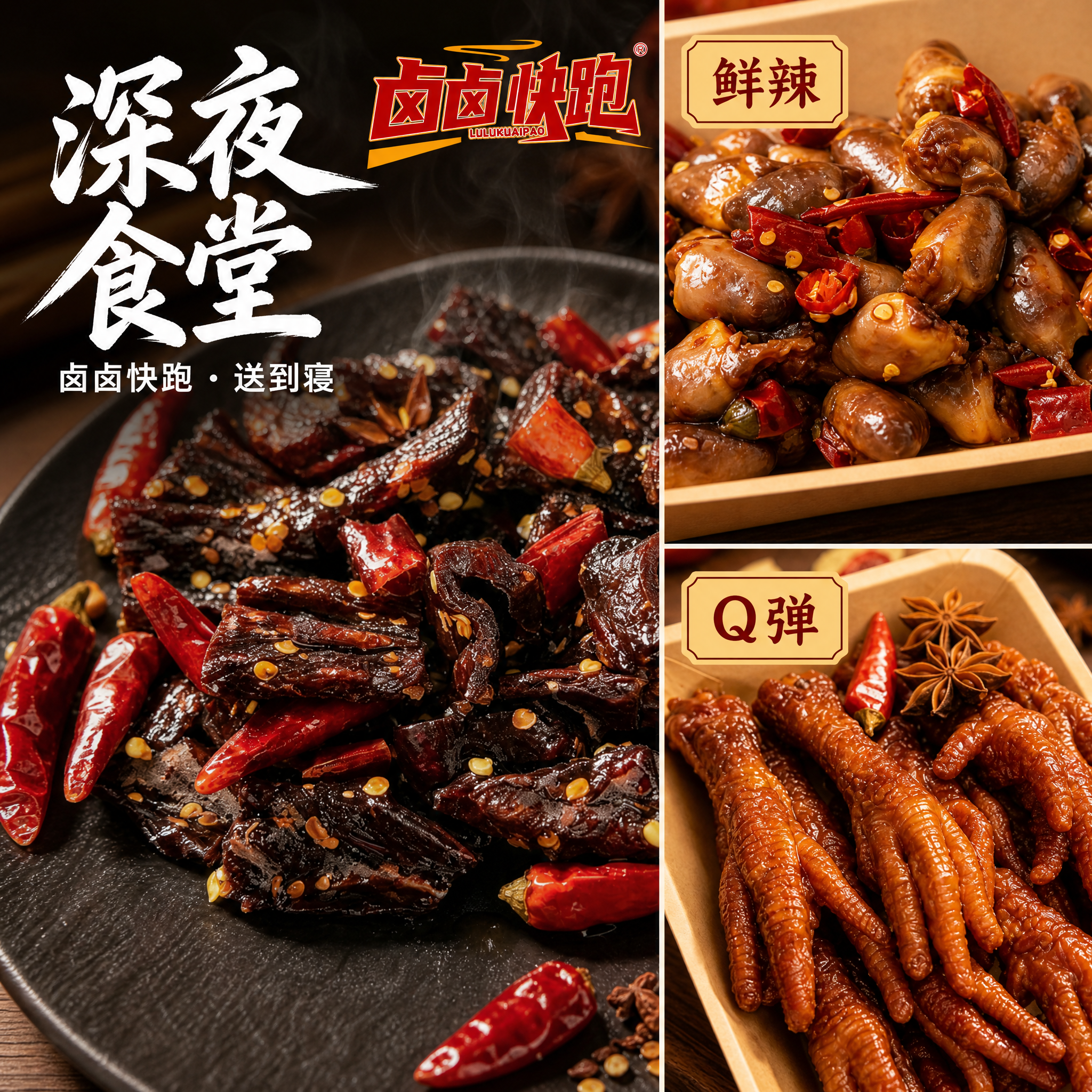朋友圈左右分栏拼图风格卤味宣传图，正方形。左边是一张大图：满满… - 图片创意预览
