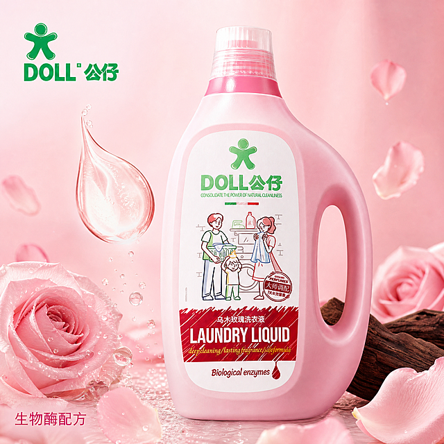 [主图-3] DOLL公仔玫瑰洗衣液细节成分展示主图。保持产品瓶身外观与参考图一致，特写展示透明洗衣液质地，突出清透纯净质感。背景搭配新鲜真实玫瑰花瓣，展示乌木玫瑰调香天然原料，左下角标注"生物酶配方"，左上角保留品牌logo。整体突出成分天然洁净安全卖点。商品主体占比约70%，画面满铺无边框。氛围风格：洁净自然质感风。画质：超高清商业摄影，细节清晰通透。光影：侧逆光突出液体清透感，花瓣柔和柔光，干净明亮。配色：浅粉色背景，透明液体搭配粉玫瑰，清新干净。视角构图：特写平视，突出质地细节，景深较浅突出主体。文字版式：简洁文字说明，不遮挡主体细节，左下方小区域文字标注。比例分辨率：1:1比例，2k分辨率，超高清。负向提示词：变形，污渍，文字错乱，质地浑浊，背景杂乱。