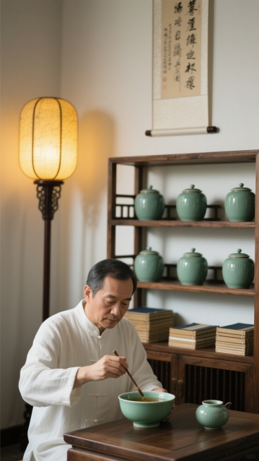 写实风格摄影，画面主体为一位身着传统白色长衫的中年男子，他正专注地用茶勺搅动青瓷碗中的茶汤，神情沉静。背景是古朴的木质博古架，上面整齐摆放着多个青绿色陶瓷罐和一叠叠线装古籍，左侧悬挂着一盏透出暖黄色光晕的中式灯笼，右侧墙上挂有竖幅书法作品。整体色调调整为以青绿色和暖黄色为主，营造出宁静雅致的中式茶文化氛围，光线柔和，阴影细节丰富，人物姿态自然，器物质感细腻，构图采用三分法，视觉焦点突出，空间层……预览效果