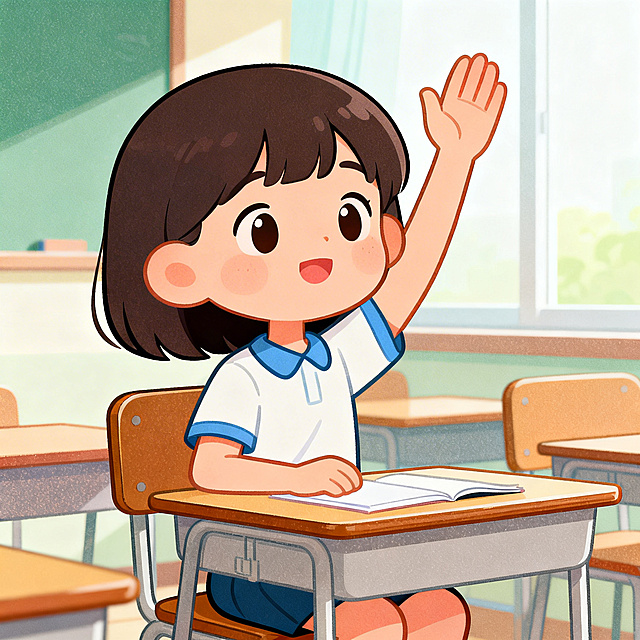 Modern flat animation style, bright soft pastel tones, a bit of noise texture, cute cartoon elementary school students, bright clean cartoon classroom, medium shot, clean lines, high detail, no complex background, no text. A little girl sits upright at the desk, raising her hand high ready to answer a question