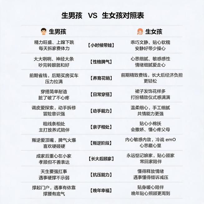 生男孩 VS 生女孩对照表小时候带娃男孩：精力旺盛、上蹿下跳，每天拆家费体力女孩：乖巧文静、贴心软糯，安静好带少操心性格脾气男孩：大大咧咧、神经大条，吵完转眼就和好女孩：心思细腻、敏感感性预览效果