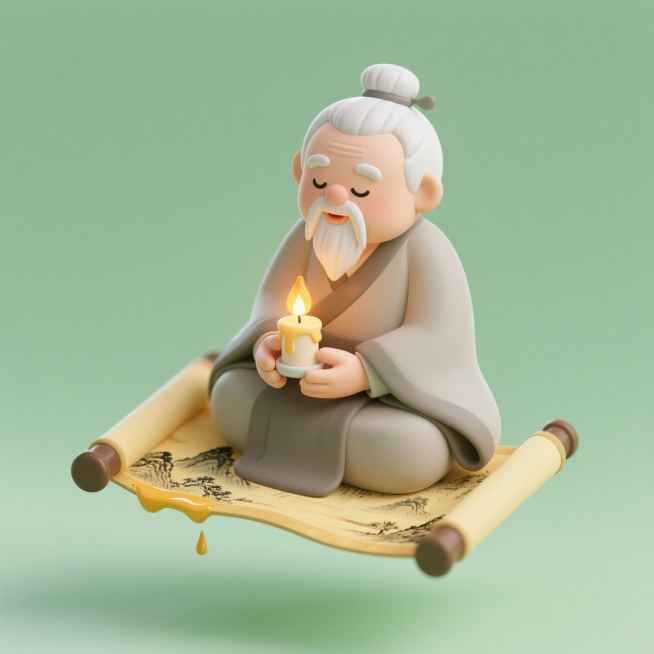 半空中，中国古代圣贤老夫子盘坐在一幅展开的卷轴上，手上捧着一个燃烧的蜡烛，浅绿色背景预览效果