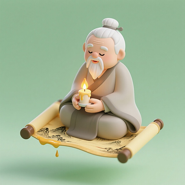 半空中，中国古代圣贤老夫子盘坐在一幅展开的卷轴上，手上捧着一个燃烧的蜡烛，浅绿色背景