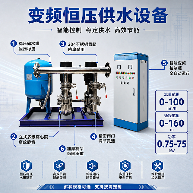 [主图-2] 恒压供水设备结构性能卖点图，详细展示设备组成与技术优势，用引线标注+参数块的形式讲透核心亮点。
[统一基调] 专业工业风，背景为浅灰色渐变+淡蓝色科技光效，整体干净明亮；主标题字色为深蓝色，辅助文字深灰色，强调色为科技蓝；字体为粗黑体无衬线，字号层级分明；整体高信息密度满版构图，传递专业靠谱的工业设备感。
[画面] 画面中心放置恒压供水设备主体（含蓝色压力罐、两台立式不锈钢水泵、不锈钢主管道、阀门、蓝色底座框架，右侧独立电控柜），产品占画面约60%，正面微侧角度，完整展示设备全貌与电控柜，产品外观、结构、材质、颜色与输入图完全一致。从设备各关键部位引出标注线指向对应说明文字。顶部为大标题区域。右侧和底部布置参数信息块。背景有淡淡的工程图纸线条装饰。
[光影质感] 商业工业摄影质感，主光从正面偏上打来，不锈钢泵体和管道有清晰高光，蓝色罐体和电控柜颜色均匀真实，设备底部有自然接触阴影，整体光线均匀明亮，突出设备的精密结构和工业品质。
[配色] 背景主色浅灰渐变，主标题深蓝色，辅助文字深灰色，引线和标注用科技蓝色，参数数字用大号深蓝色强调，整体色调统一专业。
[文字版式] 顶部大标题：「变频恒压供水设备」，下方副标题：「智能控制 稳定供水 高效节能」。设备周围6条引线标注：1.指向压力罐「稳压储水罐 恒压稳流」；2.指向水泵「立式多级离心泵 高效静音」；3.指向管道「304不锈钢管路 防腐耐用」；4.指向阀门「精密阀门 调节灵活」；5.指向电控柜「智能变频控制柜 全自动运行」；6.指向底座「加厚机架 稳固承重」。右下角参数块：「流量范围 0-100m³/h」「扬程范围 0-160m」「功率 0.75-75kW」。底部小字：「多种规格可选 支持按需定制」。文字均放在负空间，不遮挡产品主体关键部位。字体统一为粗黑体，标题最大最粗，标注文字中等，参数数字大号加粗。
[输出要求] 1:1正方形比例，2048x2048像素，2K分辨率，文字清晰可读，产品清晰锐利无模糊，整体专业工业风。禁止出现：产品变形、结构错乱、文字错字、画面杂乱、水印、淘宝天猫Logo、多余人物、悬浮感、边缘硬切。