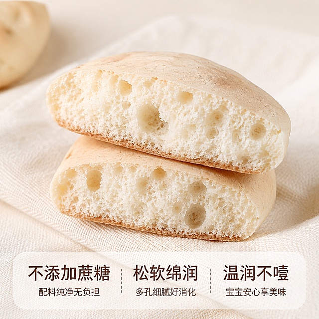 [主图-2] 牛舌糕核心卖点展示，突出糕体松软绵润质感。[氛围风格] 特写食欲感，简约自然风格。[画质] 商业摄影质感、光线柔和通透、产品清晰真实、画面干净高级。[元素] 特写掰开的一块牛舌糕，展示内部松软多孔的绵润质地，放置在干净的浅米白色背景上，搭配一片干净的棉麻餐布作衬托，保持牛舌糕原有的浅米黄色泽和松软质地，保持产品外观物理结构、材质质感、颜色与输入产品图绝对一致，杜绝任何变形和色差，精细化处理。糕体主体占据画面核心位置，细节清晰可见。[光影] 柔和侧逆光，勾勒糕体轮廓，突出内部气孔松软纹理，光线均匀通透。[配色] 浅米白背景，突出浅米黄色糕体，干净温暖。[视角构图] 俯视特写，主体居中，景深较浅，背景虚化突出糕体细节。[文字版式] 画面底部横向半透明悬浮条，两端留空，分三列左对齐，文字"不添加蔗糖""松软绵润""温润不噎"，每列文字上大下小，深棕色字清晰可读，不遮挡糕体主体。[比例分辨率] 1:1比例，2K分辨率，文字清晰锐利，画面超高清。[负向提示词] 变形，文字错乱，产品图模糊，背景杂乱，水印，电商平台Logo。