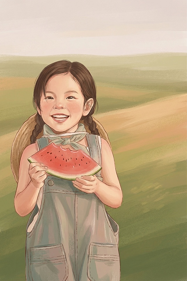 将图片处理为治愈系茶花色彩风格，笔触细腻，营造温暖治愈的情感氛围，保留女孩拿着西瓜的可爱神态和稻田背景的柔和质感