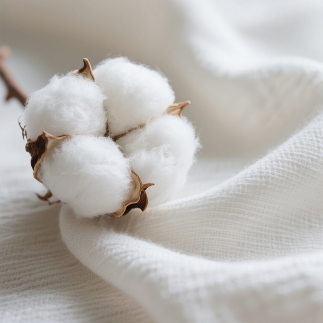 一朵洁白蓬松的棉花，旁边是经过纺织工艺变成的柔软布料，布料纹理清晰可见，质地细腻，整体画面干净整洁，光线柔和，高细节，4K分辨率，超高清预览效果